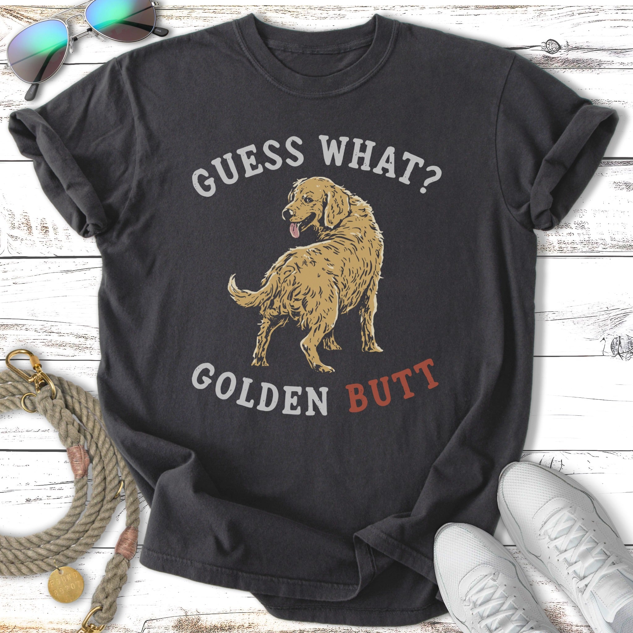 T-shirt with "Guess What? Golden Butt" text and Golden Retriever dog graphic.