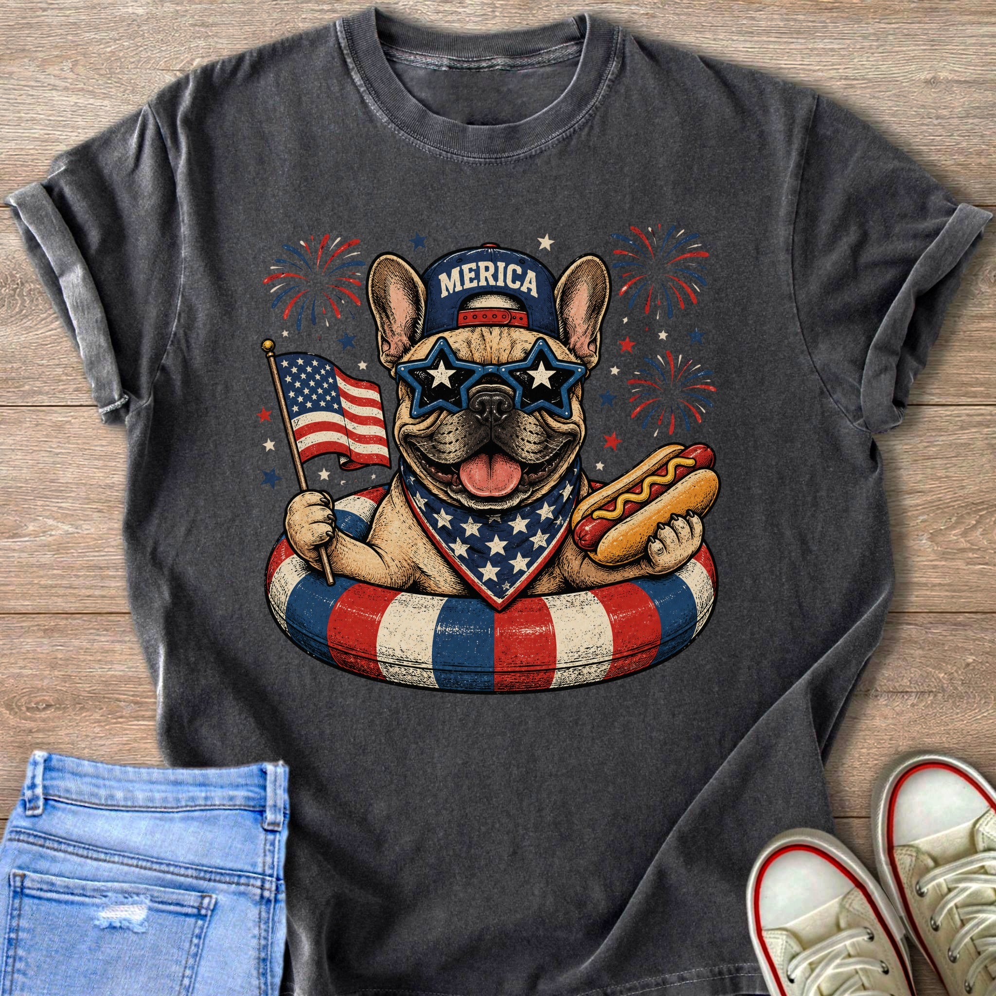French bulldog with American flag, hot dog, and "Merica" hat on life preserver.