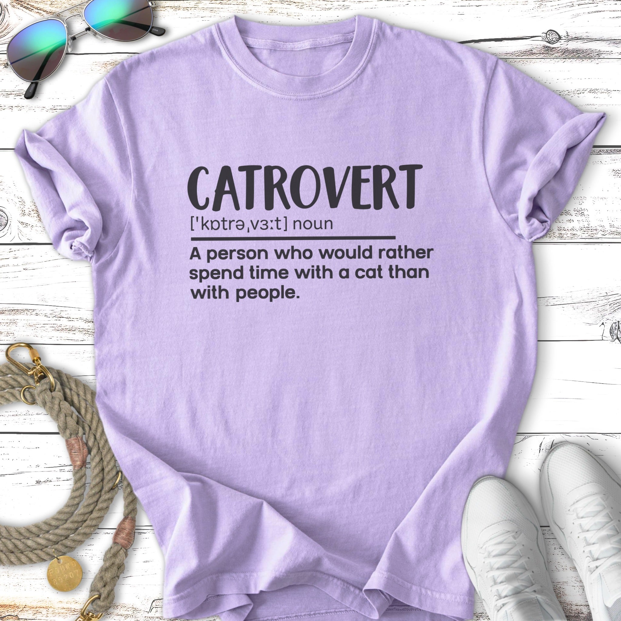 Purple t-shirt with "CATROVERT" and definition of a person who prefers cats to people.