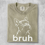 French bulldog graphic t-shirt with "bruh" text.