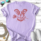 Lilac t-shirt with a French bulldog holding a rose in its mouth.