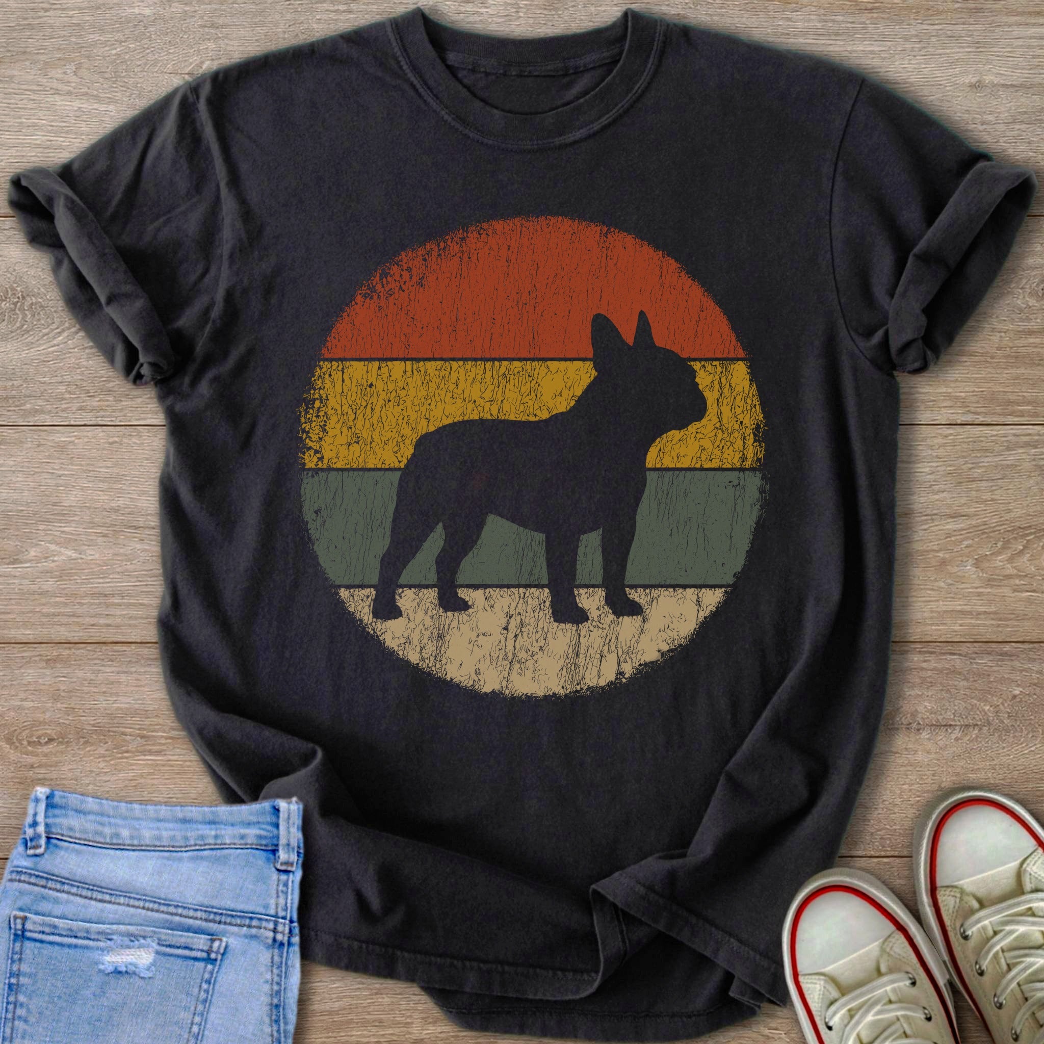 Black t-shirt with a distressed retro circle featuring a French Bulldog silhouette.