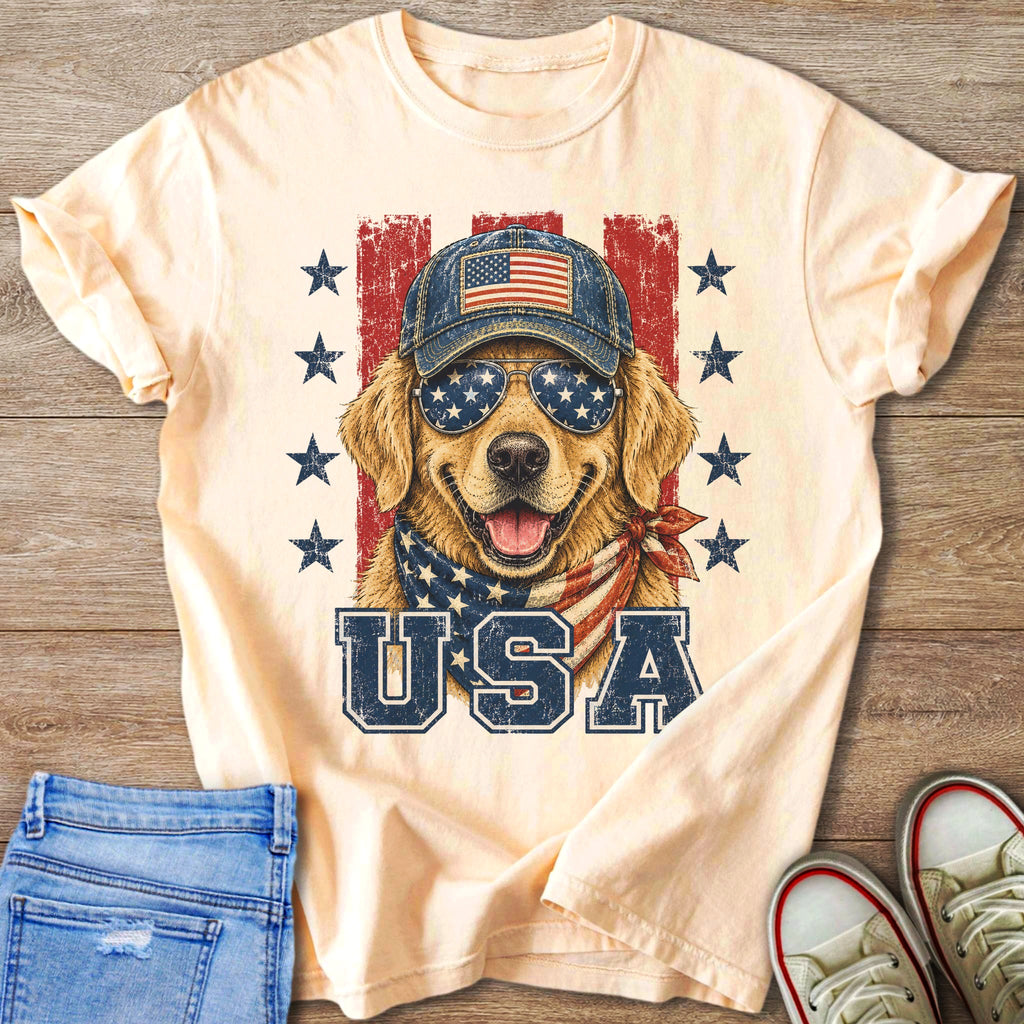 Golden retriever wearing sunglasses, hat, and bandana, with USA text.