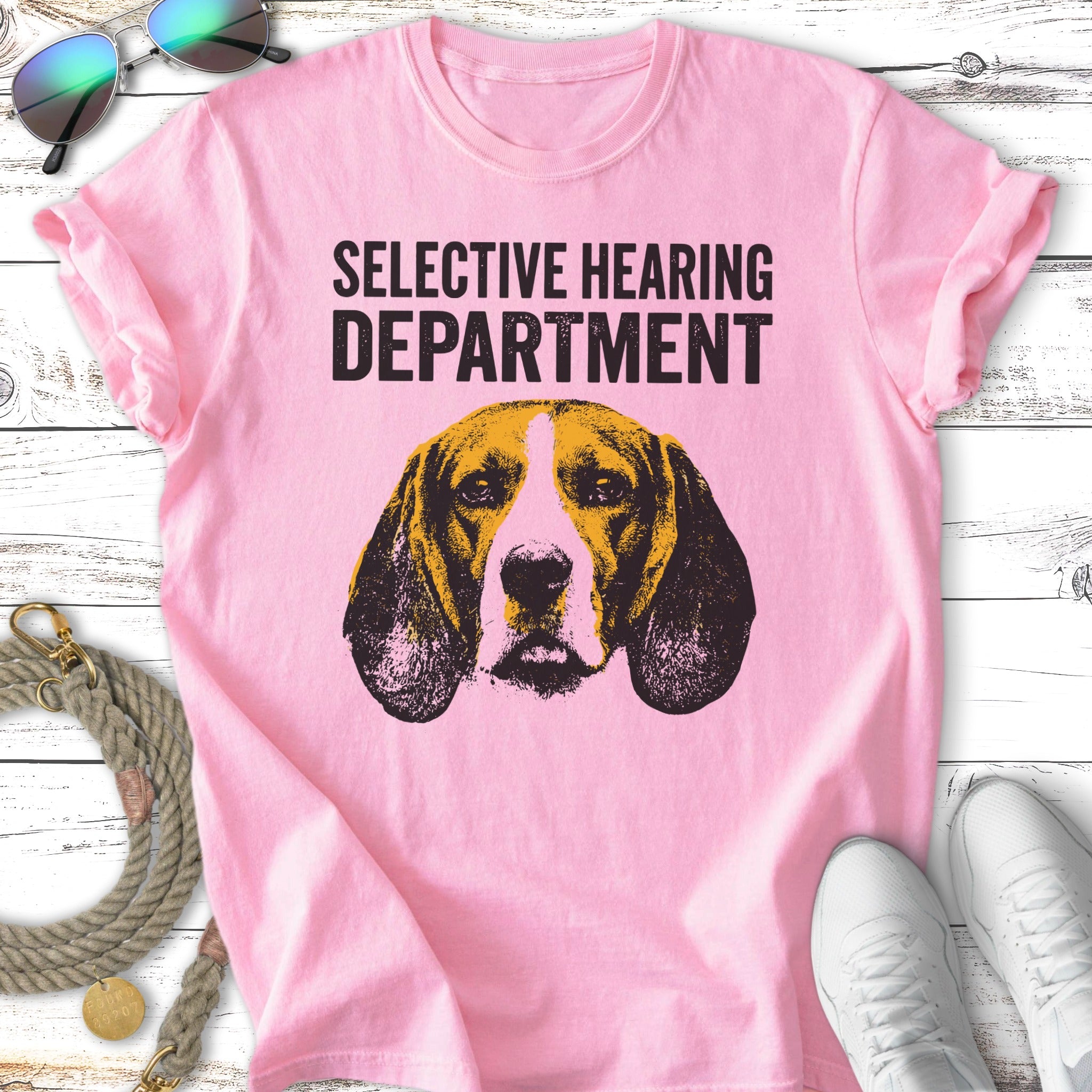Pink t-shirt with "SELECTIVE HEARING DEPARTMENT" and a Beagle dog graphic.