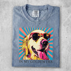 Comfort Colors t-shirt with vibrant Golden Retriever graphic and "IN MY GOLDEN ERA" text.