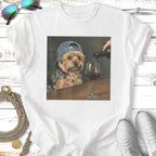 Yorkshire Terrier wearing a blue baseball cap, watching red wine poured into a glass.