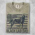 T-shirt with a black lab silhouette over a distressed US flag and "BLACK LAB DAD" text.