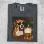 Boxer dog wearing sunglasses pours a beer.