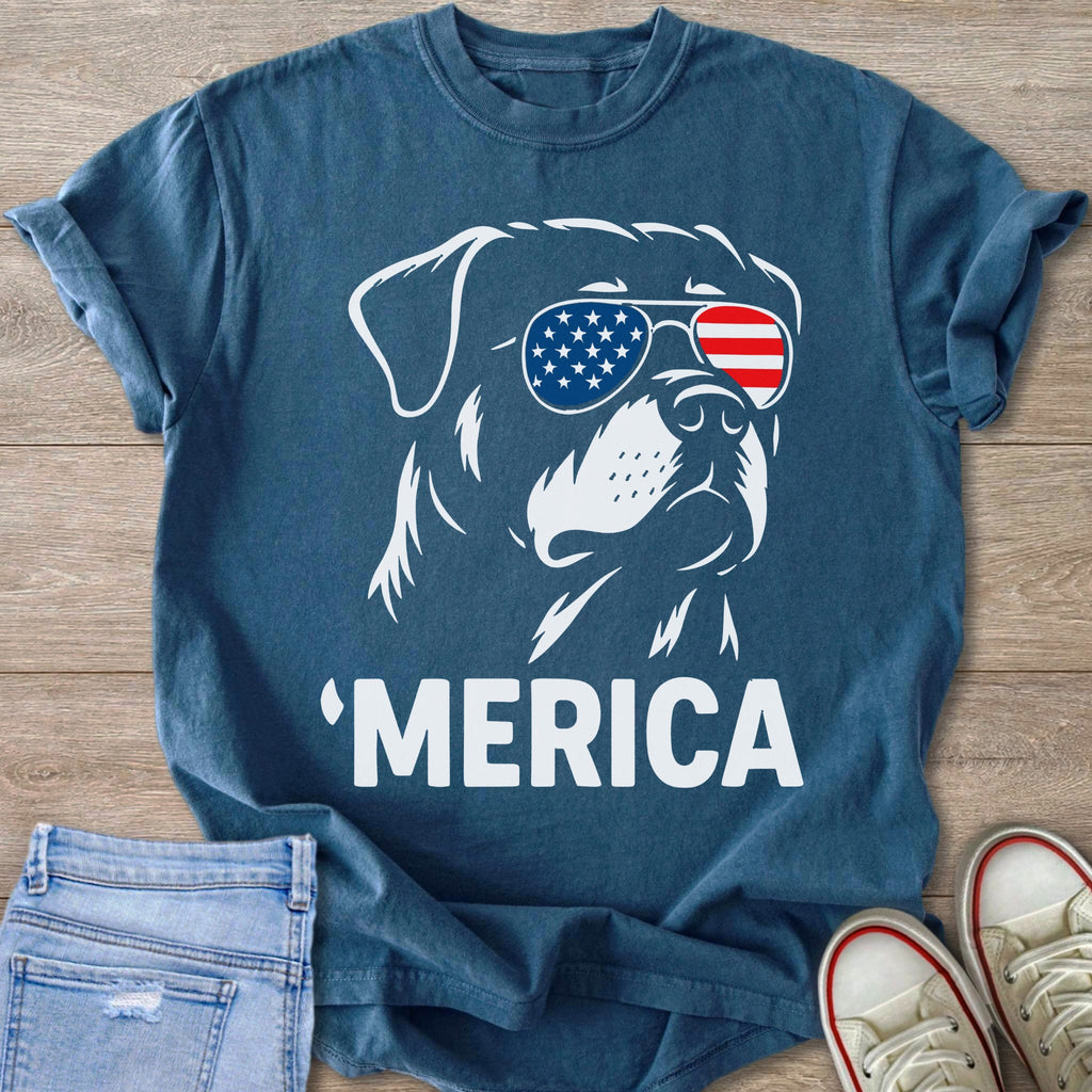 Rottweiler wearing American flag sunglasses and text 'MERICA on a blue t-shirt.