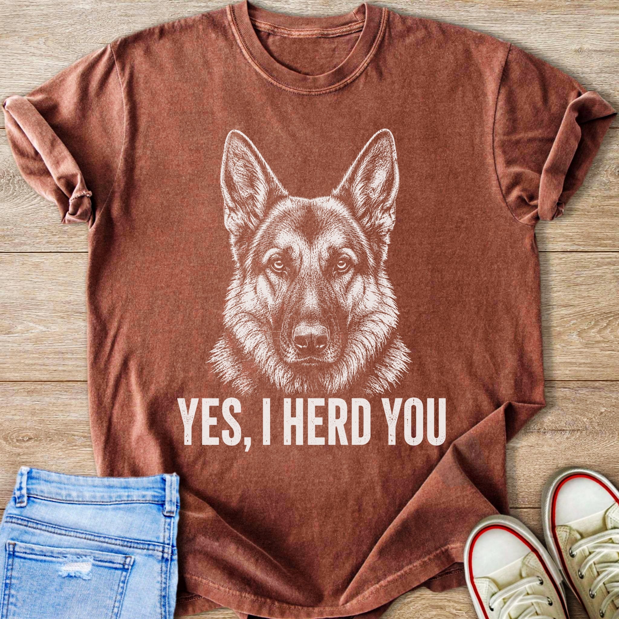 German Shepherd graphic t-shirt with "YES, I HERD YOU" text.