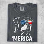 Rottweiler wearing American flag sunglasses and "MERICA" text.