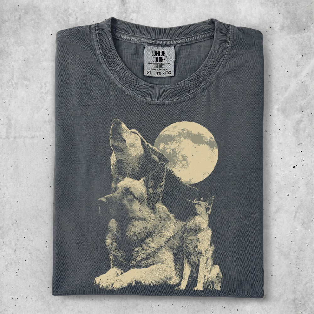Three wolves sit with a full moon behind them.