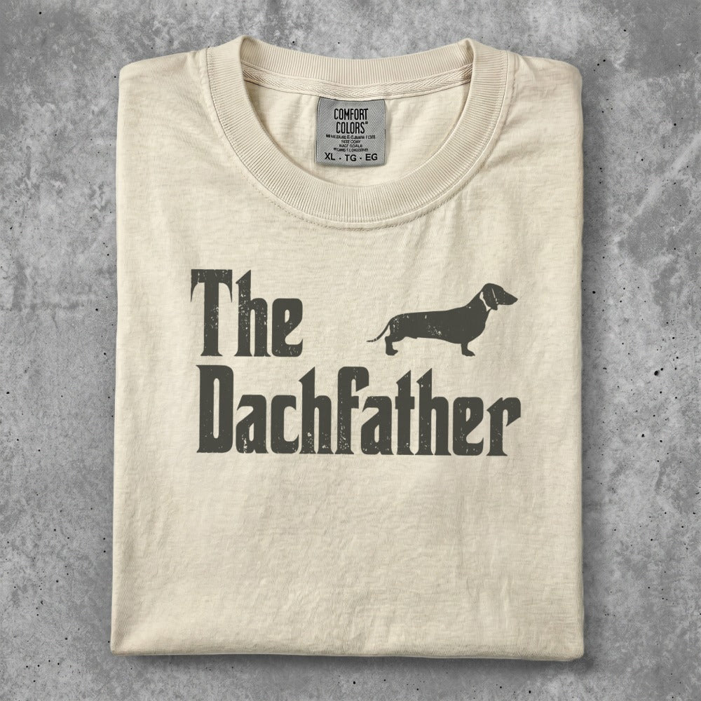 Cream t-shirt with "The Dachfather" and a dachshund silhouette.