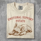 French bulldog graphic on beige t-shirt with "Emotional Support Potato" text.