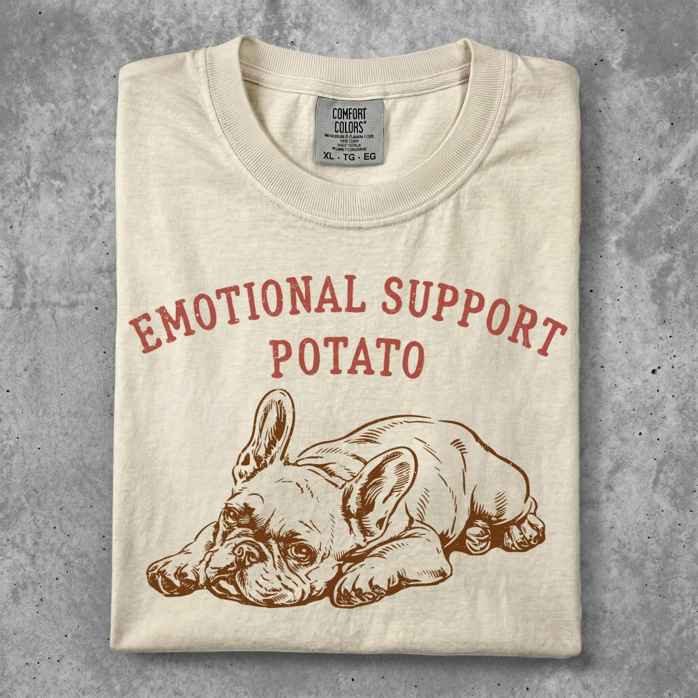 French bulldog graphic on beige t-shirt with "Emotional Support Potato" text.