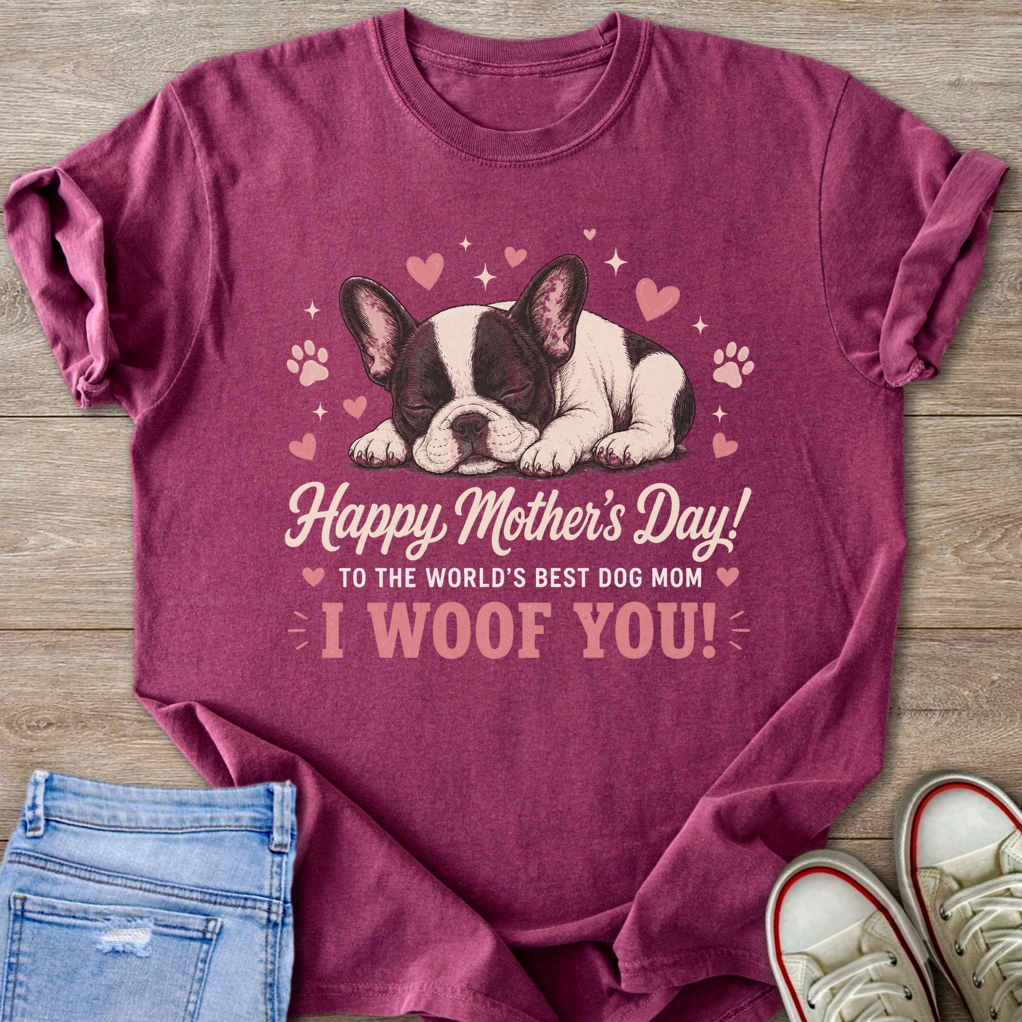 French bulldog sleeping on shirt with "Happy Mother's Day!" and "I Woof You!" text.