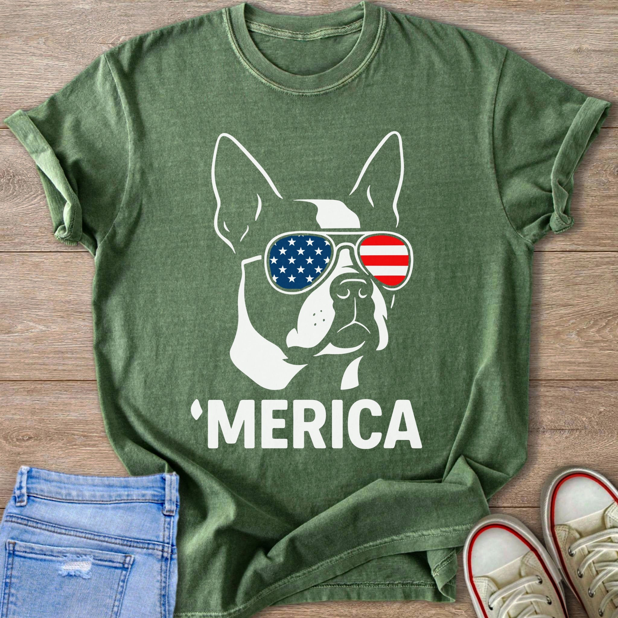 Green t-shirt with white outline of French bulldog wearing US flag sunglasses, text 'MERICA.