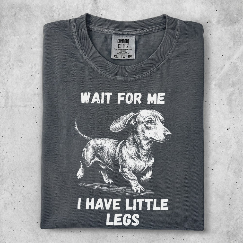 Charcoal t-shirt with "Wait for me I have little legs" and a dachshund illustration.