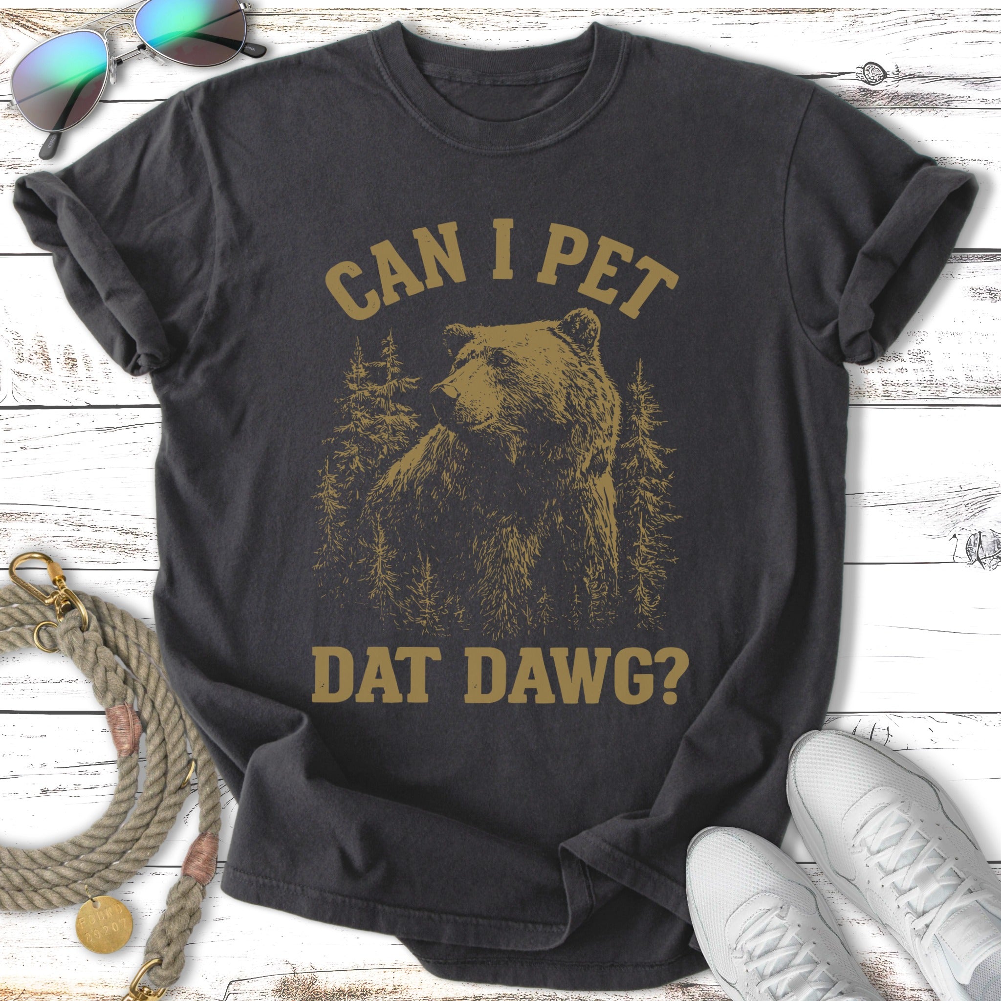 Dark t-shirt with bear and "Can I Pet Dat Dawg?" text.