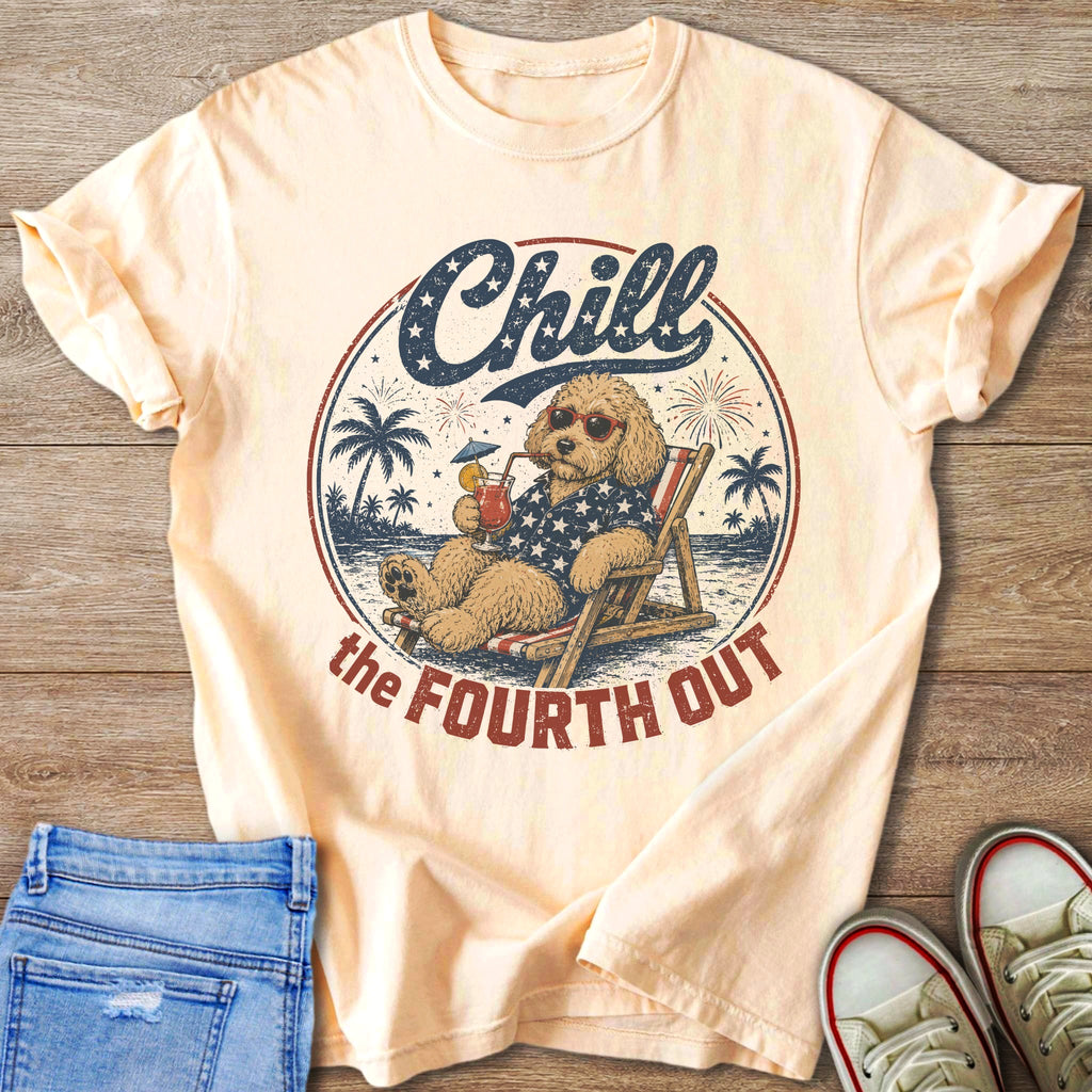 Dog relaxing on beach with drink, text "Chill the Fourth Out"