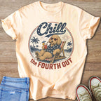 Dog relaxing on beach with drink, text "Chill the Fourth Out"