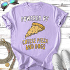 Lavender t-shirt with "Powered by Cheese Pizza and Dogs" and pizza slice graphic.