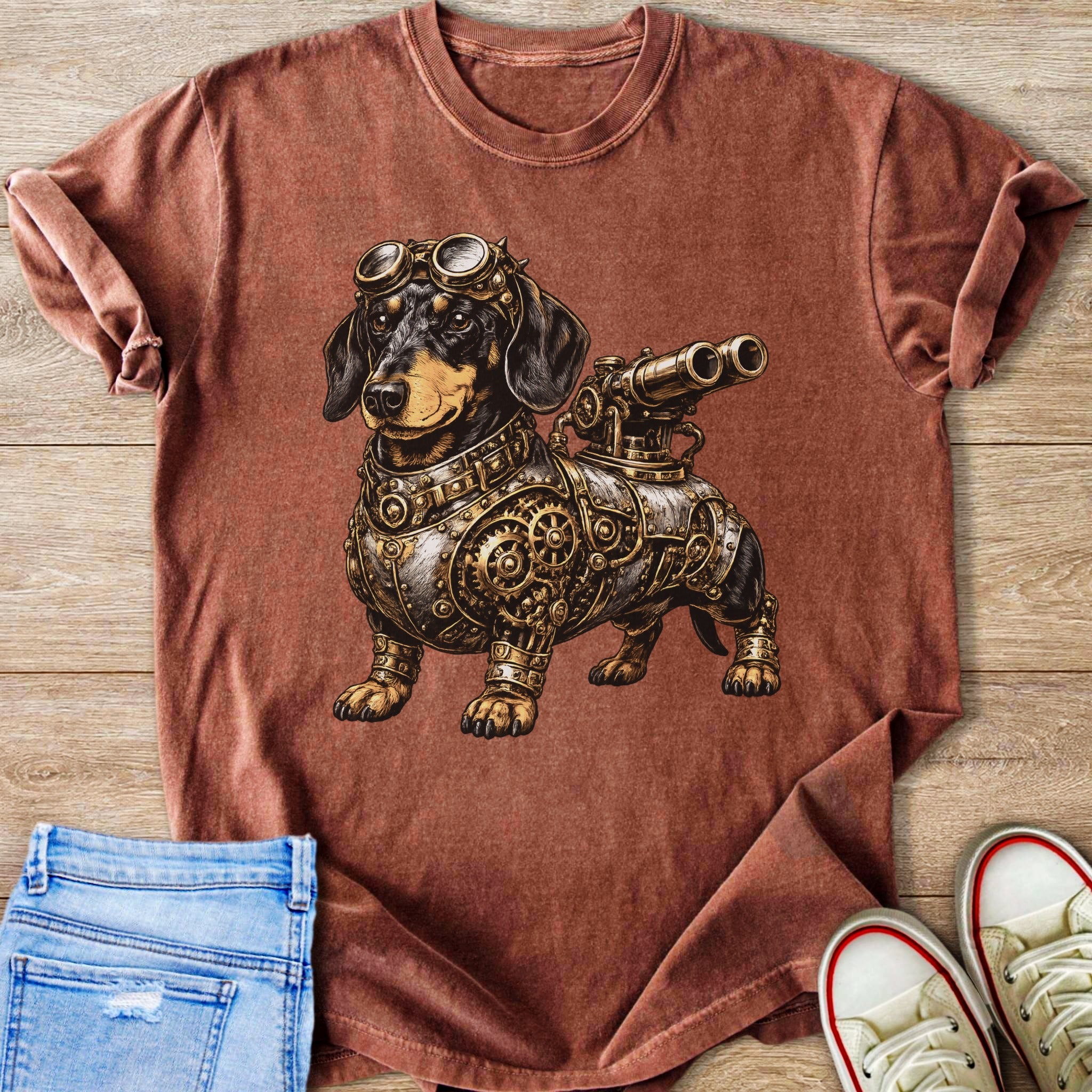 Steampunk dachshund wearing goggles, armor, and telescope on a rust-colored t-shirt.