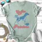 T-shirt with "Coffee and Pointers" text and dog silhouette.
