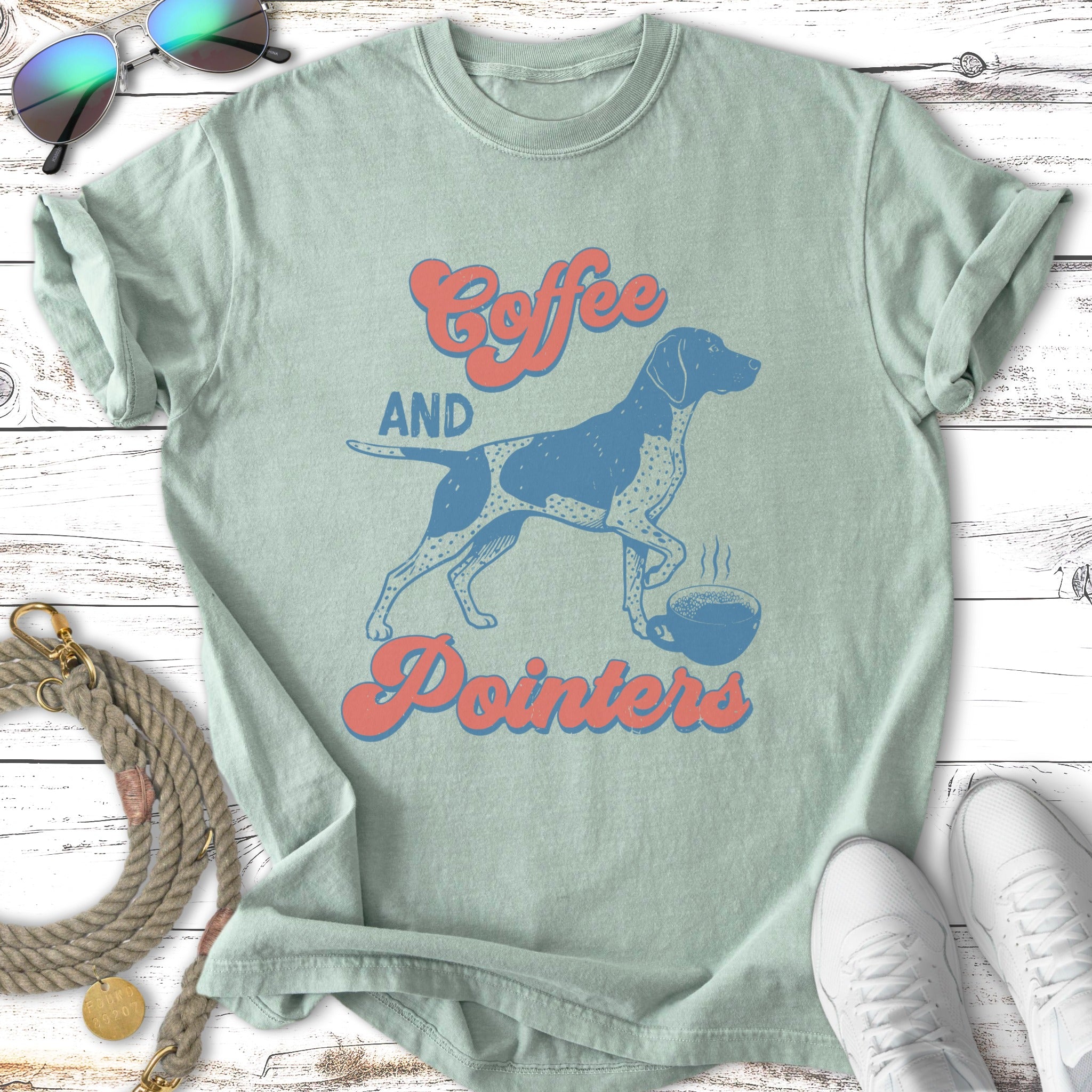 T-shirt with "Coffee and Pointers" text and dog silhouette.