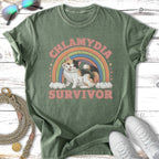 "Chlamydia Survivor" text with a cat on a rainbow and clouds, t-shirt design.
