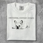 White t-shirt with black sketch of a French bulldog and text "EMOTIONAL SUPPORT POTATO".