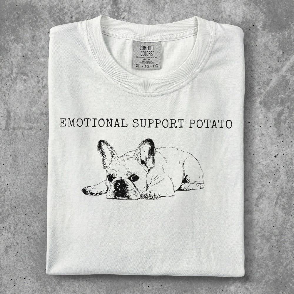 White t-shirt with black sketch of a French bulldog and text "EMOTIONAL SUPPORT POTATO".