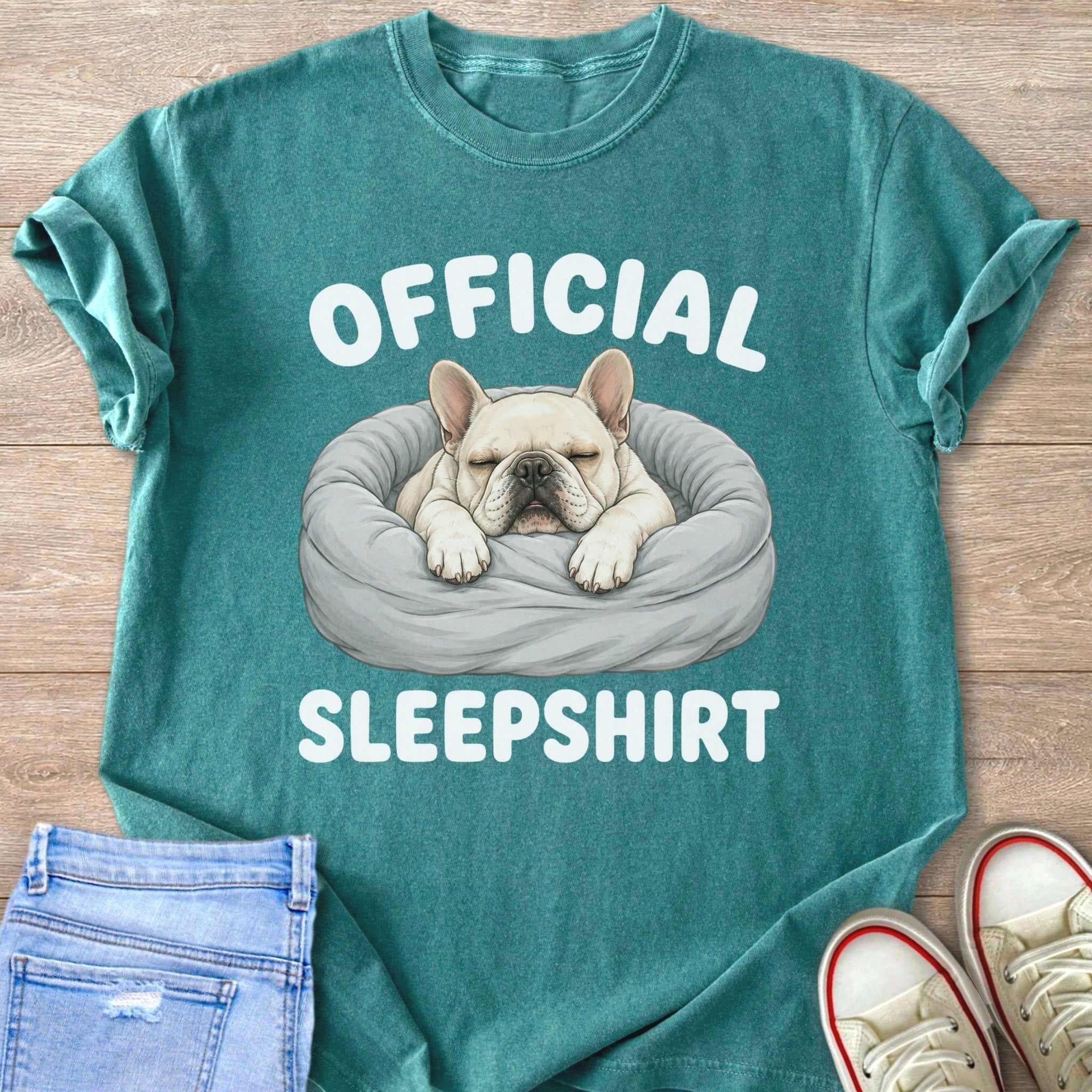 Teal t-shirt with white text "OFFICIAL SLEEPSHIRT" and a sleeping white bulldog.