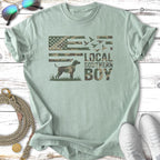 Green t-shirt with camouflage flag, bird silhouette, and "LOCAL SOUTHERN BOY" text.