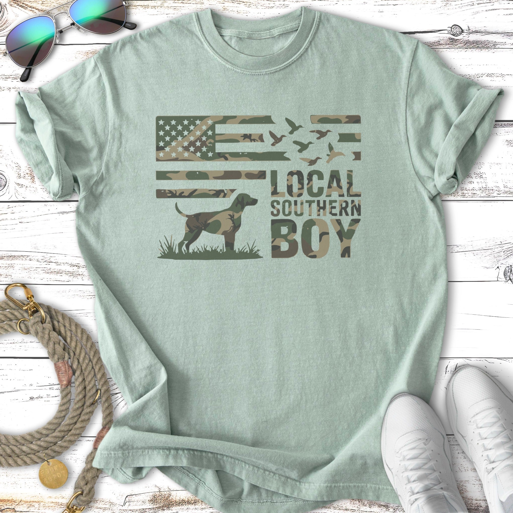 Green t-shirt with camouflage flag, bird silhouette, and "LOCAL SOUTHERN BOY" text.