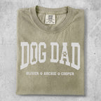 Olive green t-shirt with "DOG DAD" and names Oliver, Archie, Cooper.