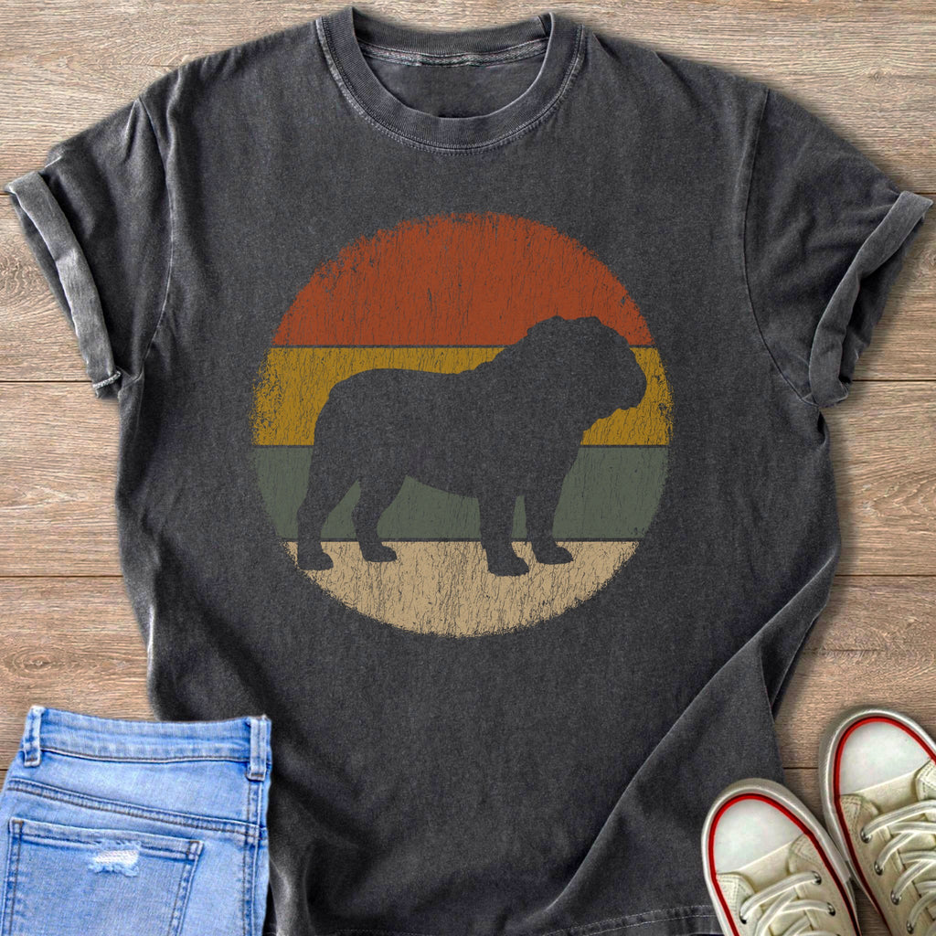 Dark t-shirt with vintage bulldog silhouette on striped circle graphic.