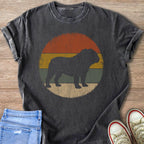Dark t-shirt with vintage bulldog silhouette on striped circle graphic.