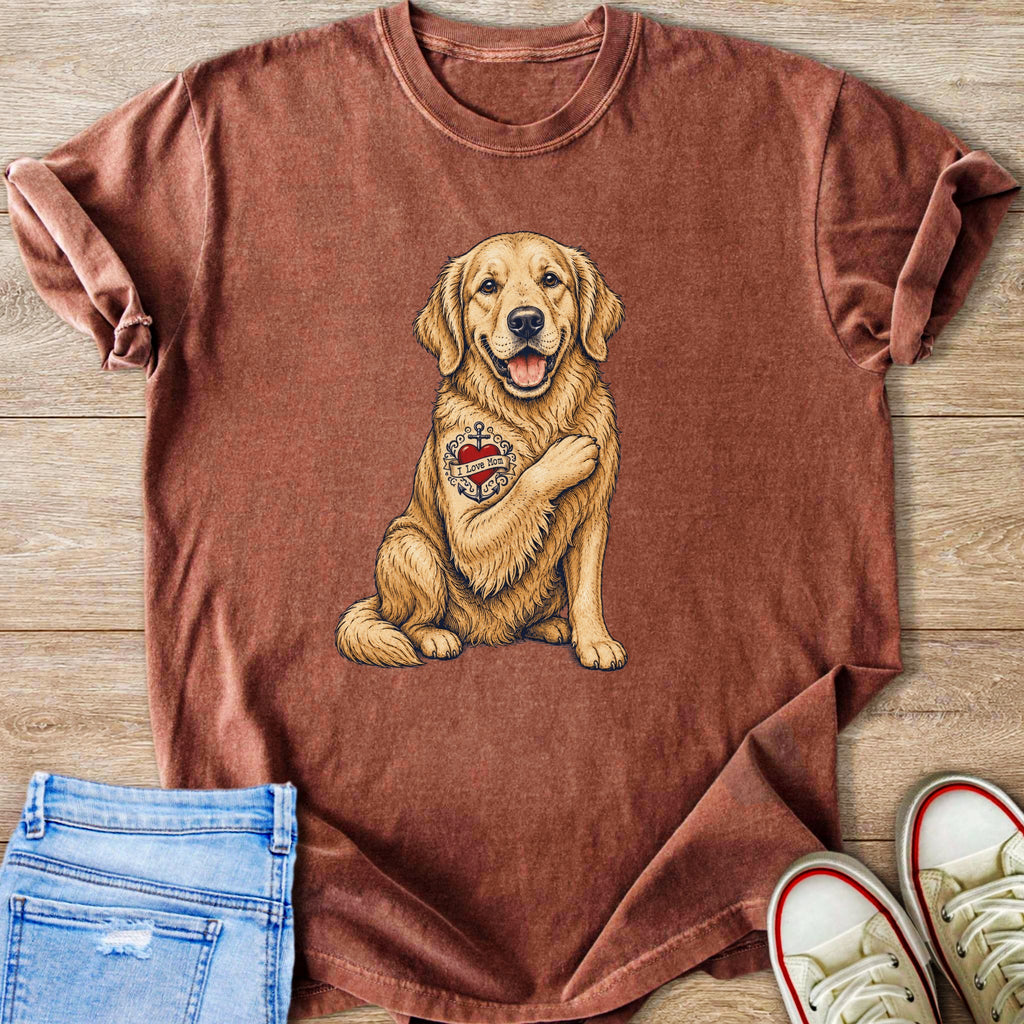 Brown t-shirt with a graphic of a golden retriever with a heart tattoo reading "I Love Mom."