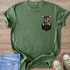 Green t-shirt with a chihuahua in sunglasses and bandana in a faux pocket.