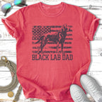 Black Lab Dad text with distressed US flag and dog silhouette.