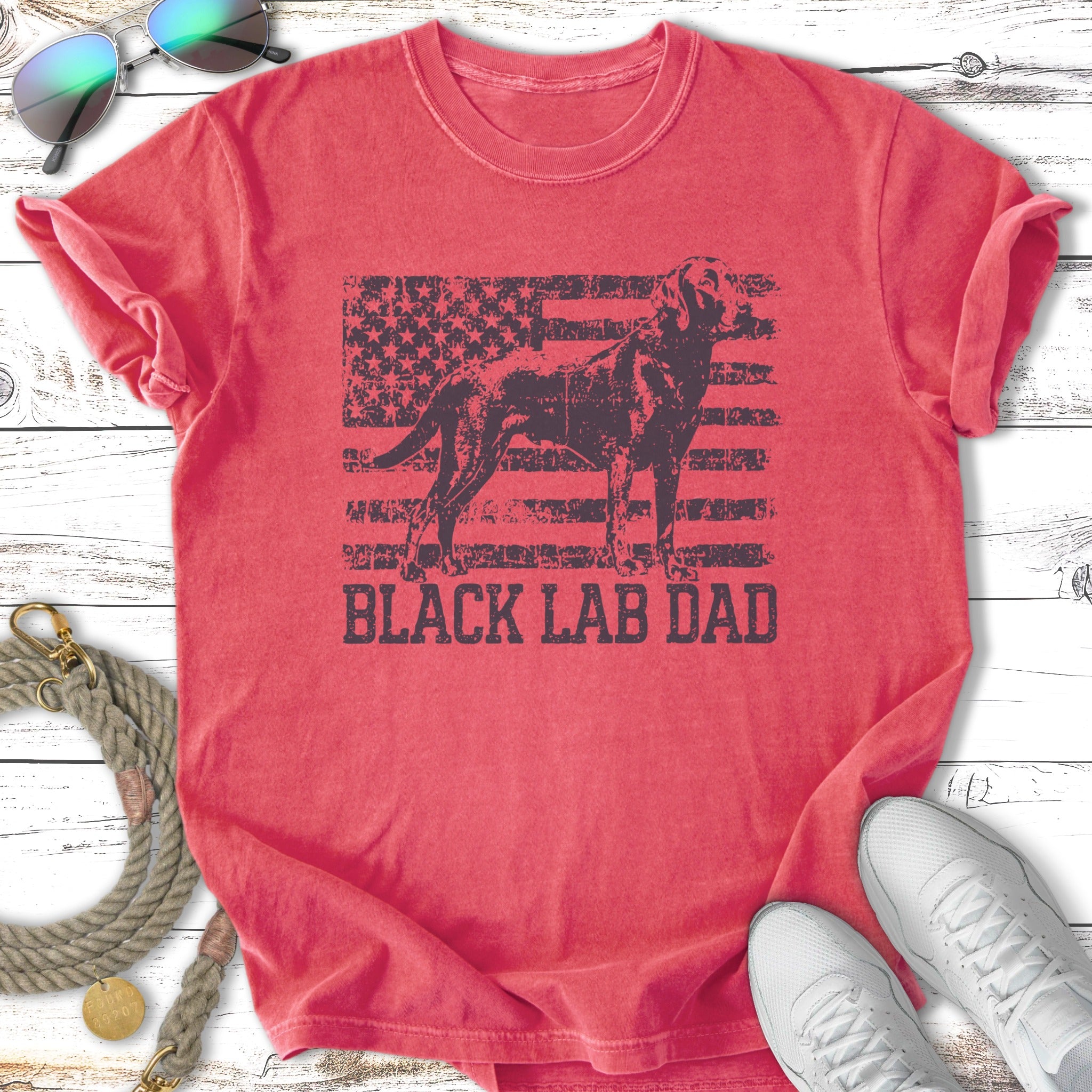 Black Lab Dad text with distressed US flag and dog silhouette.