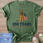 Green t-shirt with German Shepherd holding American flag and text 250 YEARS 1776-2026.