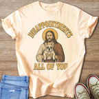 Jesus holding a French bulldog, with text "Disappointments All of You".