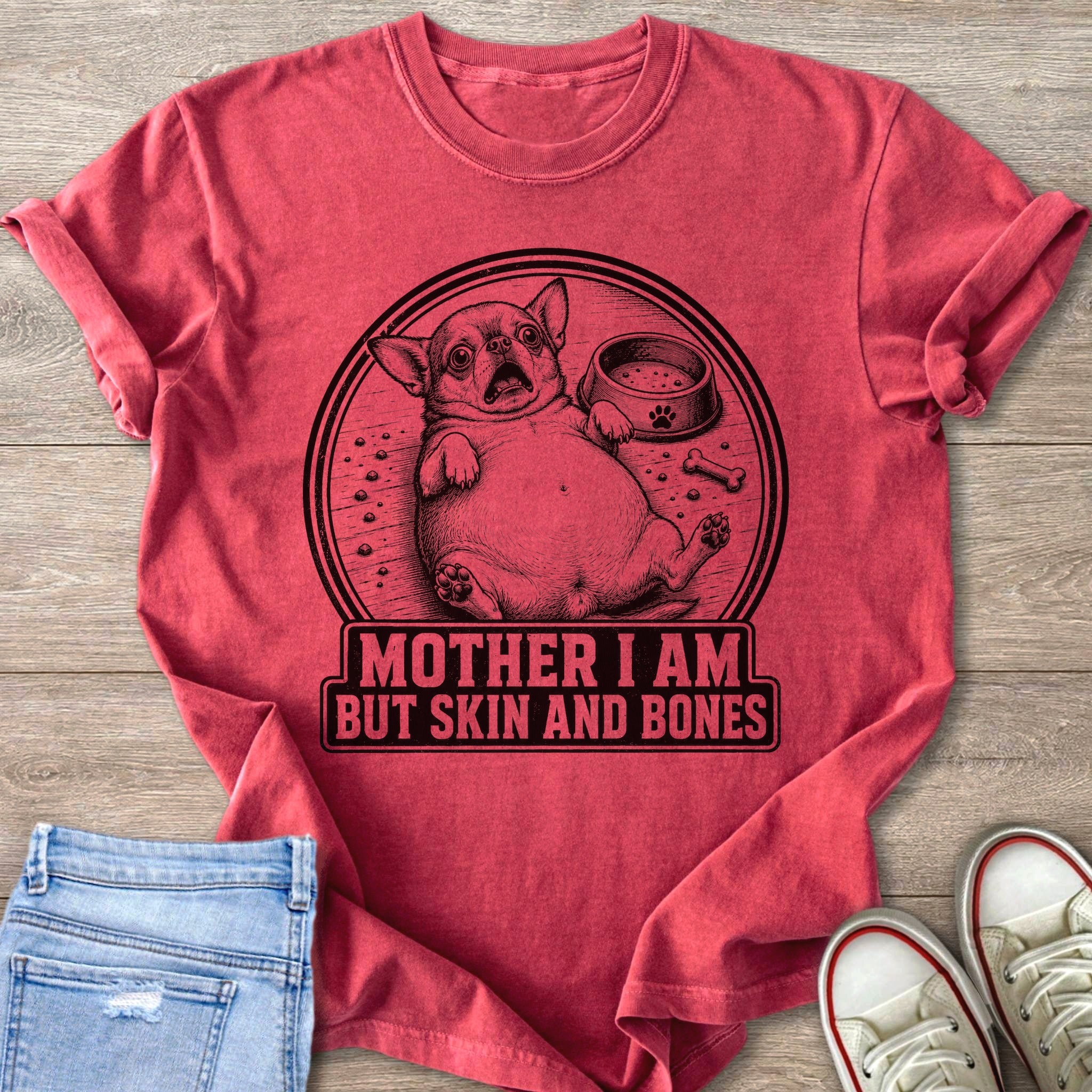 Red t-shirt with a black graphic of a chihuahua and text: MOTHER I AM BUT SKIN AND BONES.