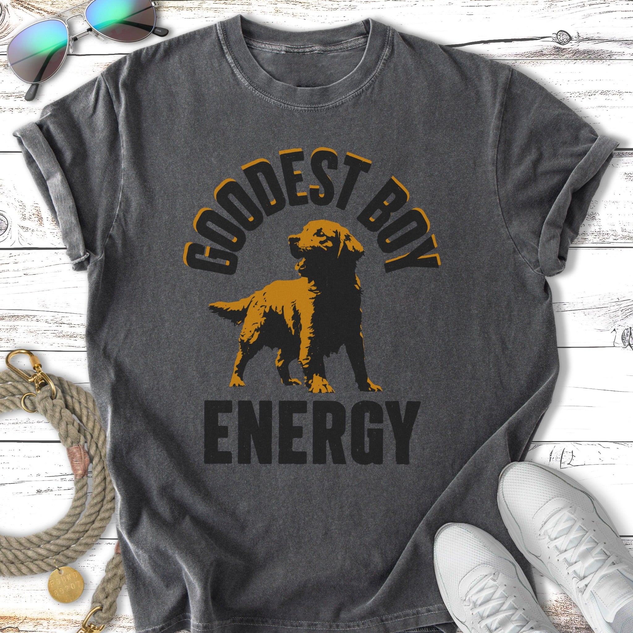 T-shirt with a golden retriever and "GOODEST BOY ENERGY" text.