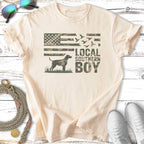 Cream t-shirt with camouflage American flag and "Local Southern Boy" text.