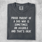 Dark grey t-shirt with "PROUD PARENT OF A DOG WHO IS SOMETIMES AN ASSHOLE AND THAT'S OKAY." text.