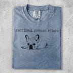 French bulldog graphic t-shirt with text "EMOTIONAL SUPPORT POTATO".