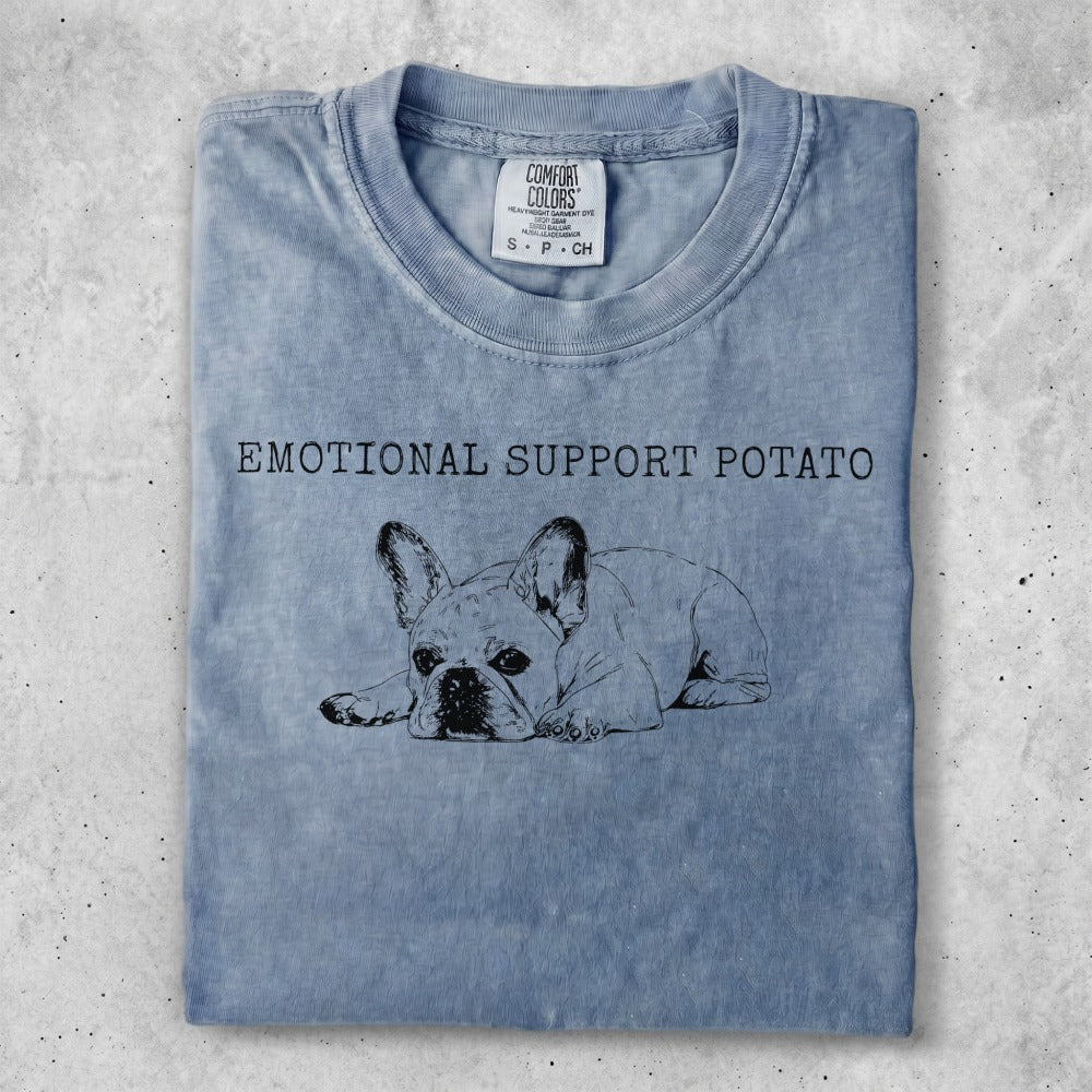 French bulldog graphic t-shirt with text "EMOTIONAL SUPPORT POTATO".